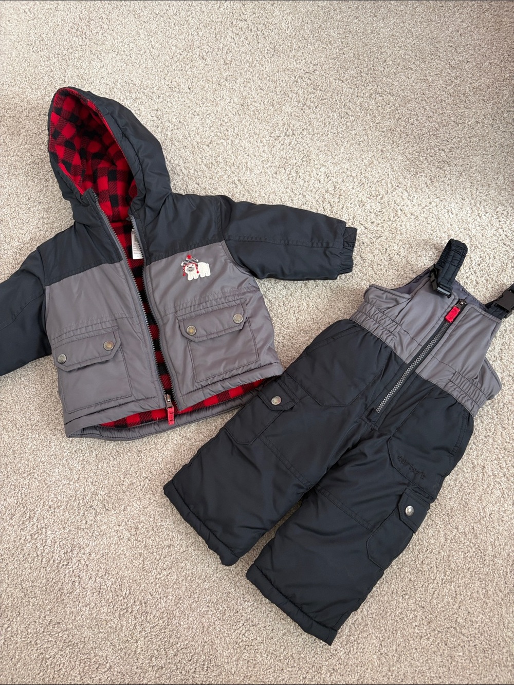 Kids Gray & Black Winter Snow Bibs and Jacket Set 12M